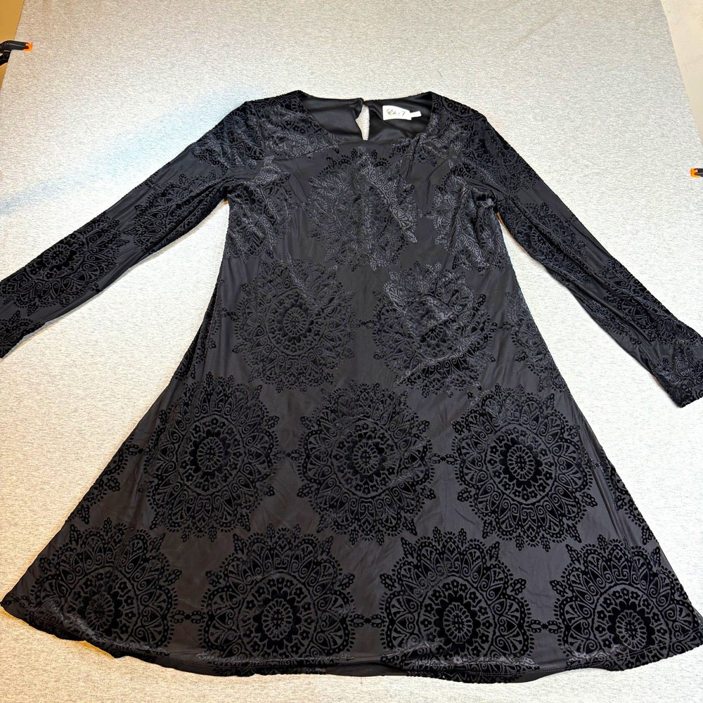 Eliza J Black Velvet Medallion A-Line Knee Dress Lined Long Sleeve Size 10